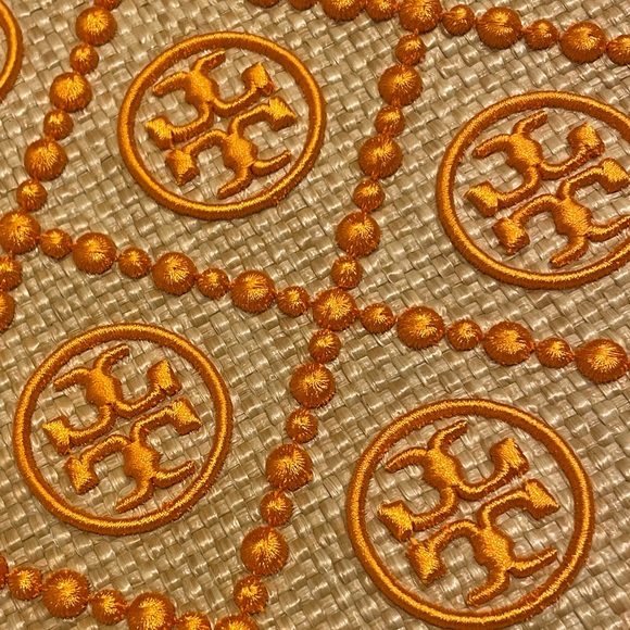 NWT Tory Burch Women's T Monogram Embellished Orange Citrine Straw Pouch - Picture 4 of 5